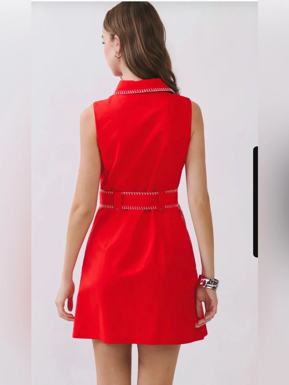 ❤️ NEW Sleeveless Button Down Belted Contrast Stitch Mini Dress Red ~ Large - Picture 2 of 5